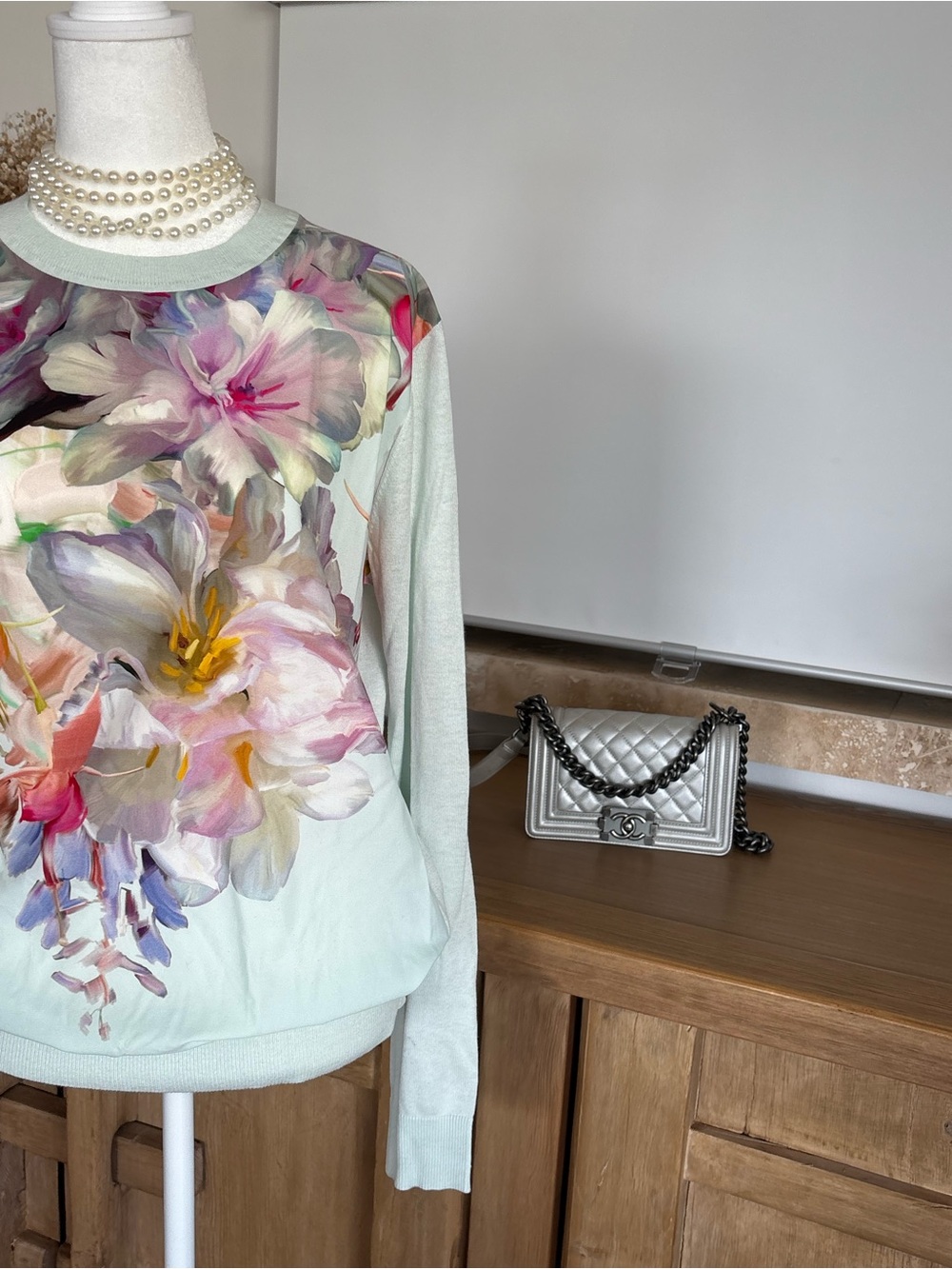 Ted Baker Gertie Hanging Gardens Floral Silk Blend Sweater Mint UK 3 US 8 M 90s - Picture 10 of 15